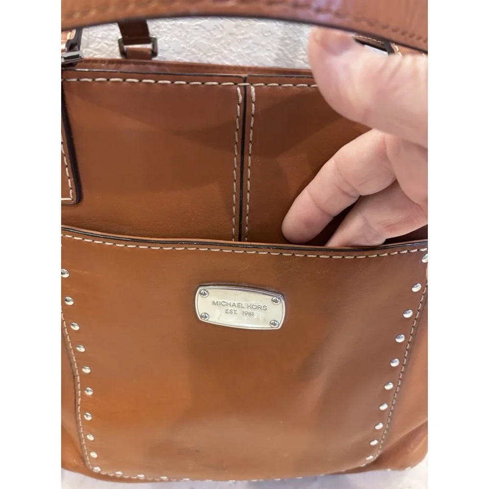 Michael Kors Astor Large Luggage Brown  Leather Studded Tote Bag - Picture 4 of 16